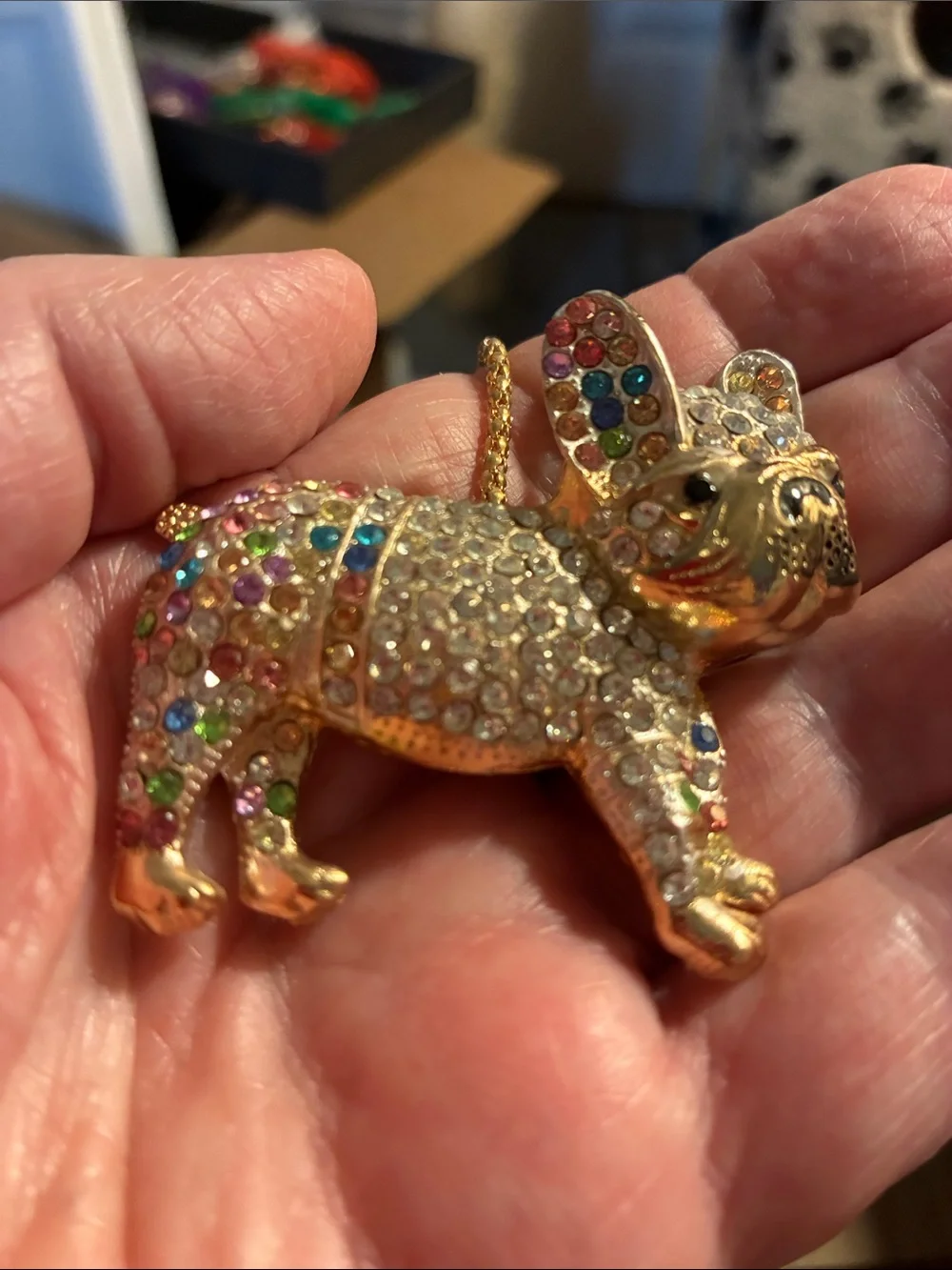 Gold-tone Crystal French Bulldog Pendant Necklace - Multicolor Rhinestones